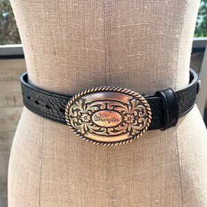 Vintage Wrangler Black Tooled Leather Buckle Conchos Embroidered Western Belt